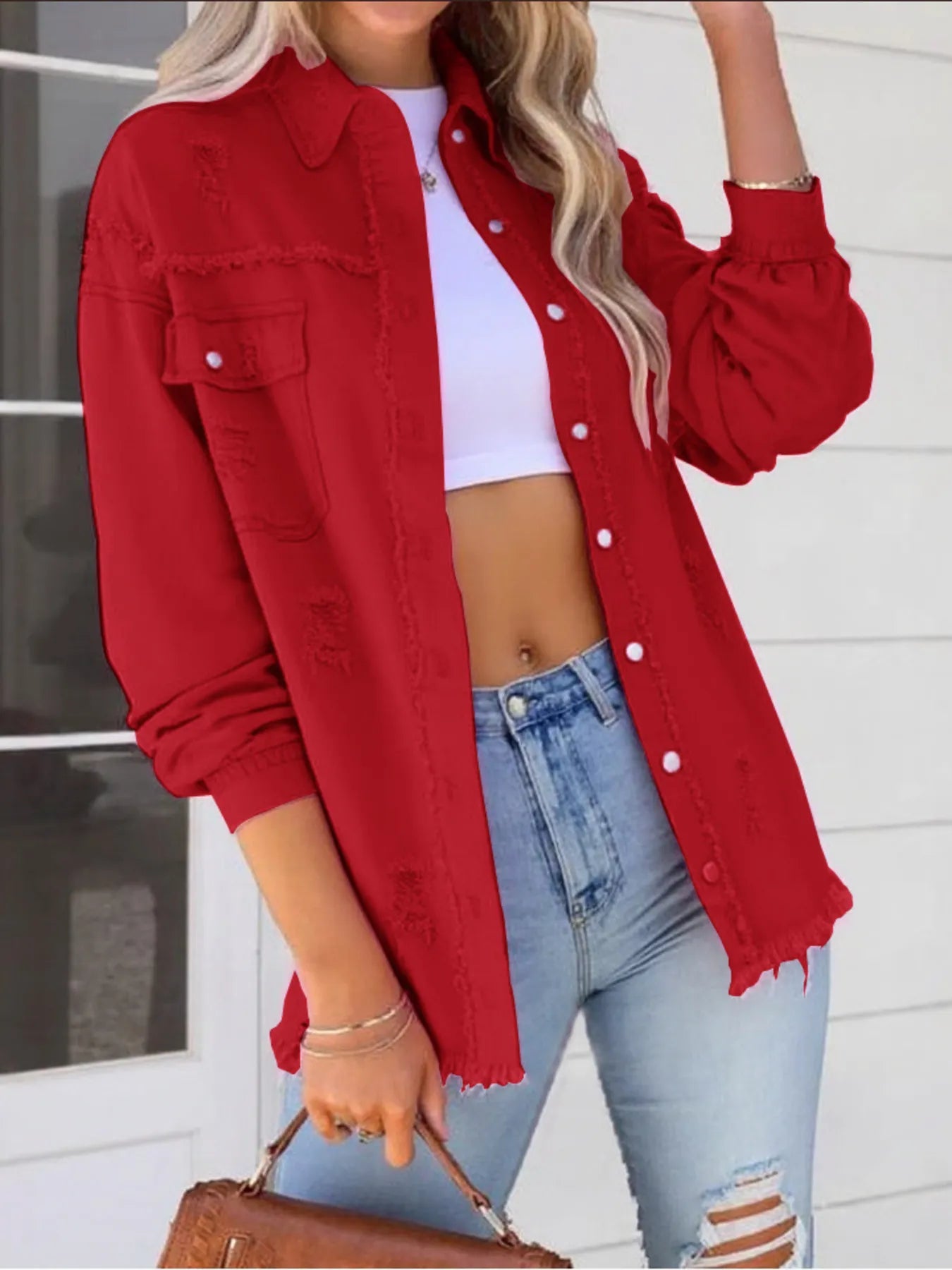 Distressed Denim Jacket with Frayed Edges 