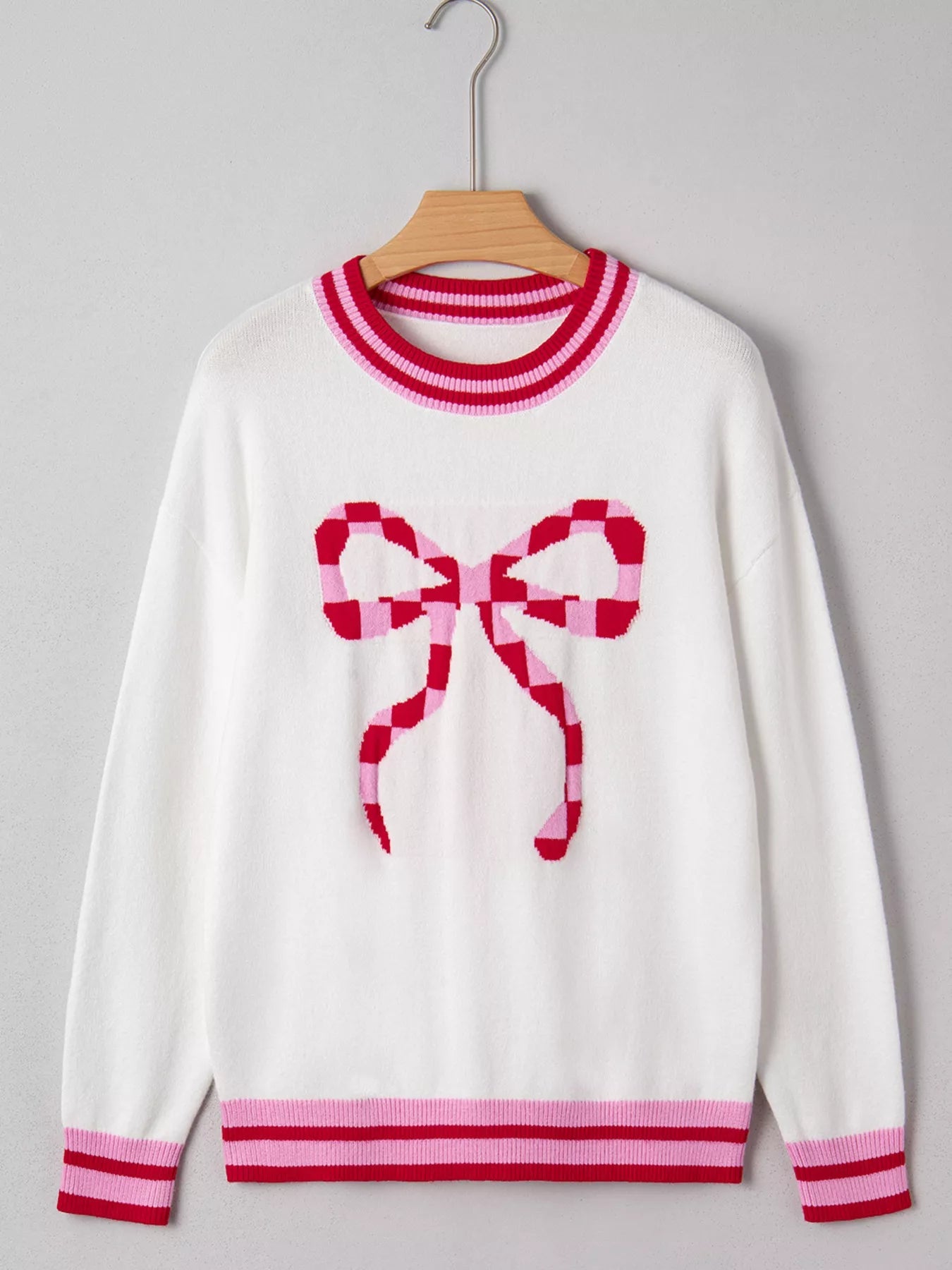 Striped Trim Bow Graphic Round Neck Drop Shoulder Sweater 