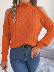 Cable Knit Cold Shoulder Turtleneck Sweater 
