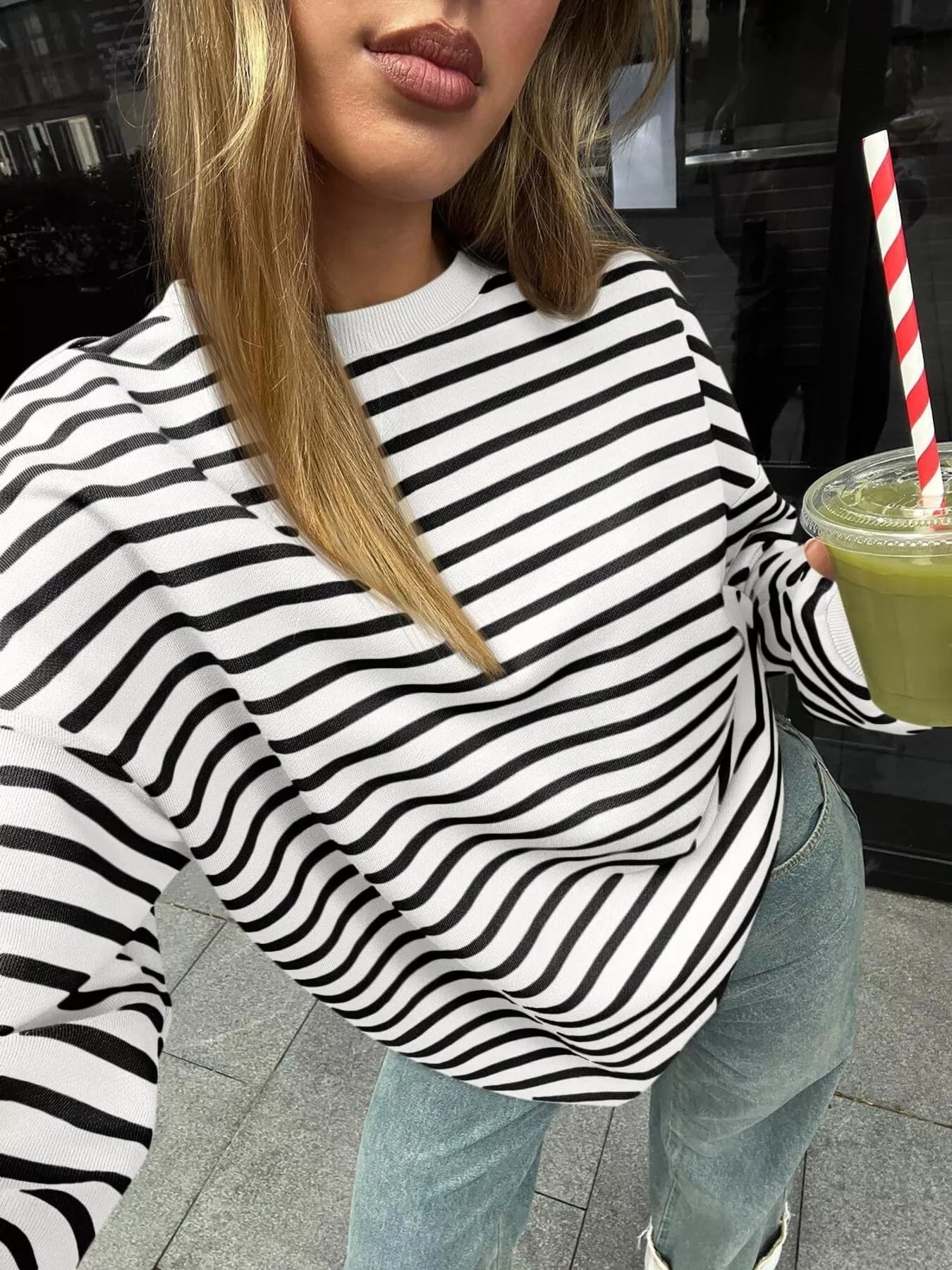 Striped Round Neck Oversized Casual Sweatshirt 