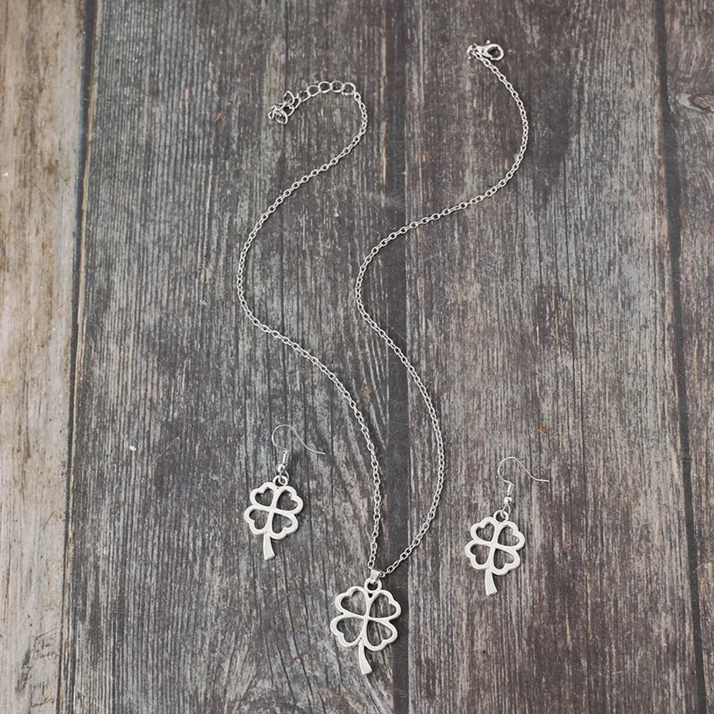 Lucky Clover Alloy Earrings and Necklace Jewelry Set 