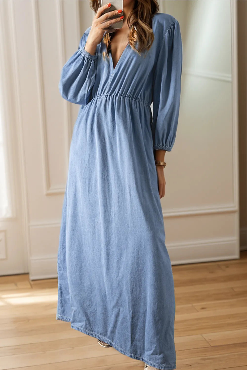 Tied Plunge Three-Quarter Sleeve Denim Dress 