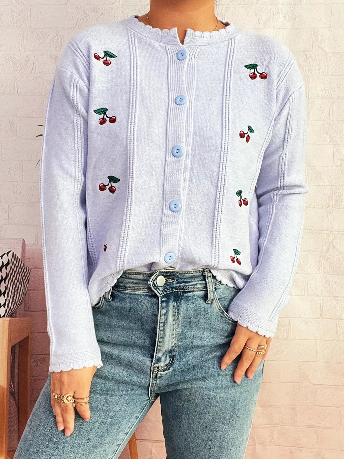 Cherry Embroidered Button Up Cardigan 