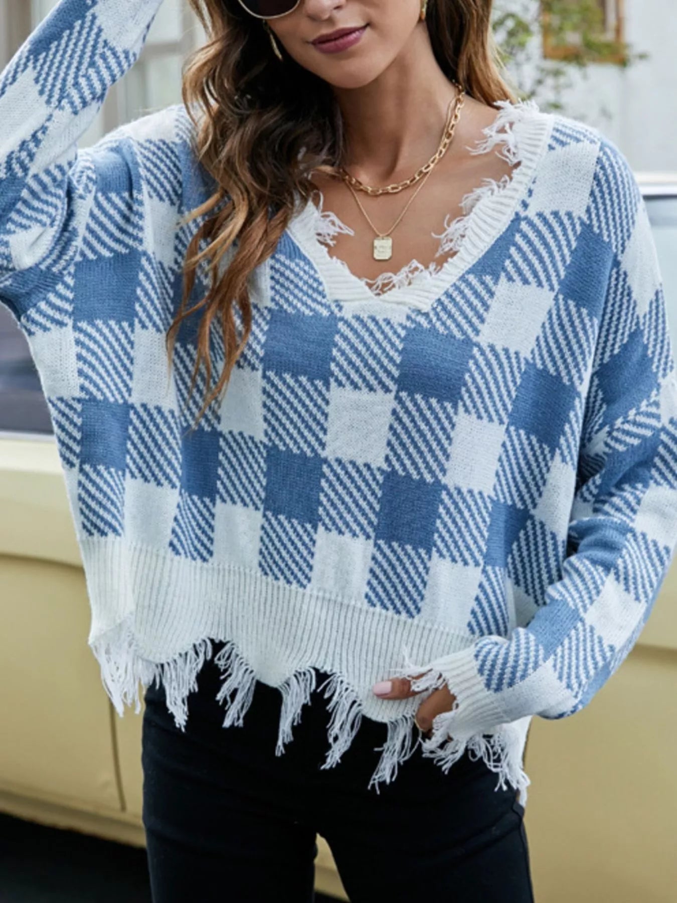 Frayed Hem Long Sleeve Sweater 