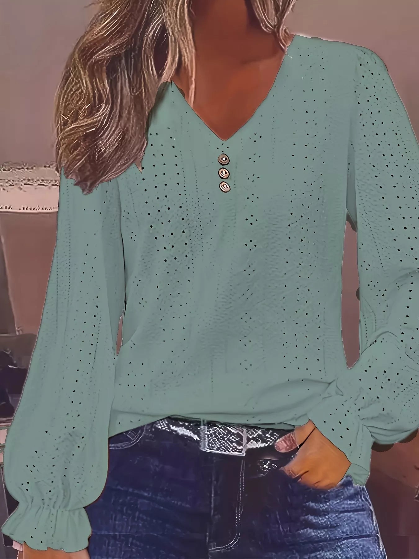 Plus Size Eyelet V-Neck Flounce Sleeve Blouse 