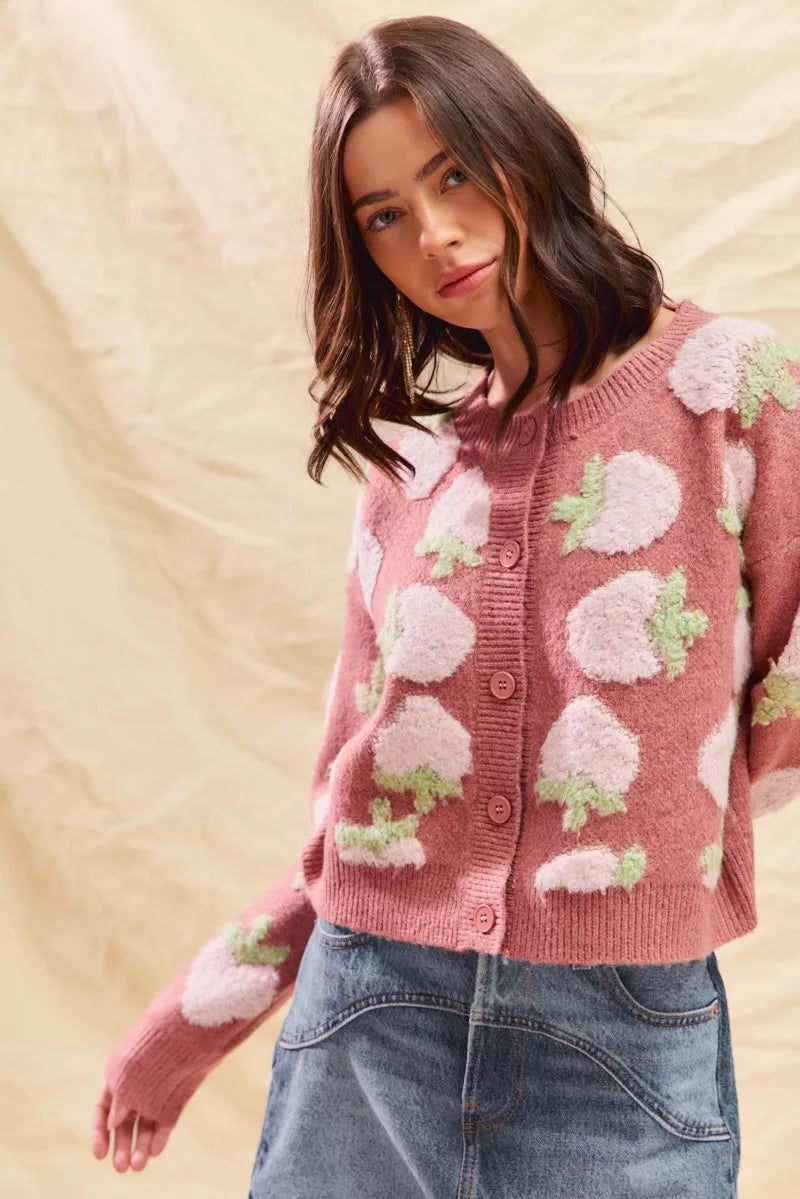SO ME Strawberry Fruit All Over Button Sweater Cardigan 