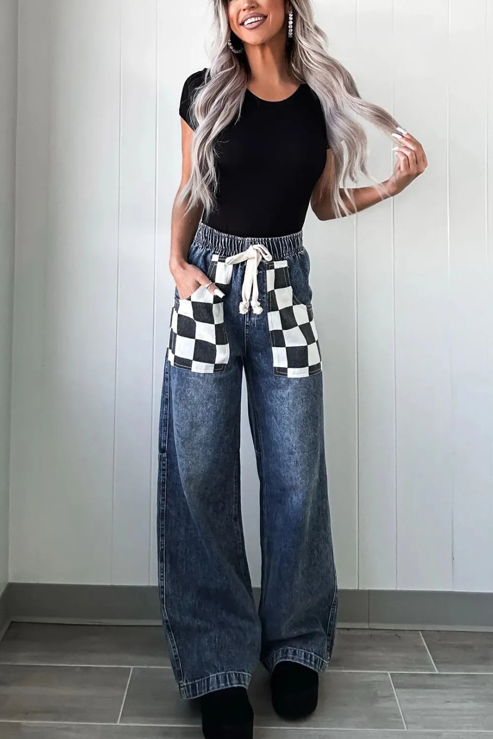 Checkered Wide Leg Jeans 