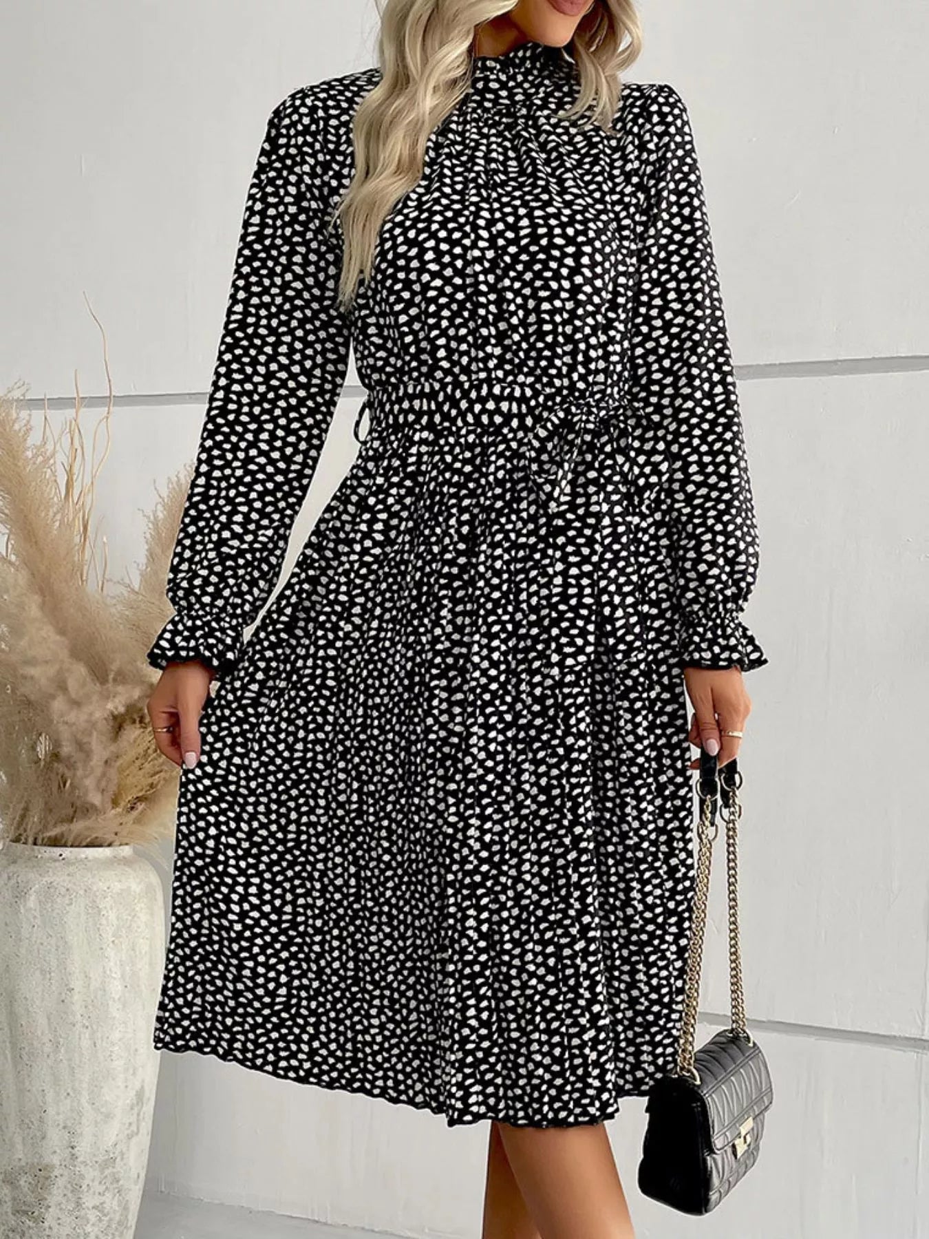 Animal Print Mock Neck Flounce Sleeve Dress 