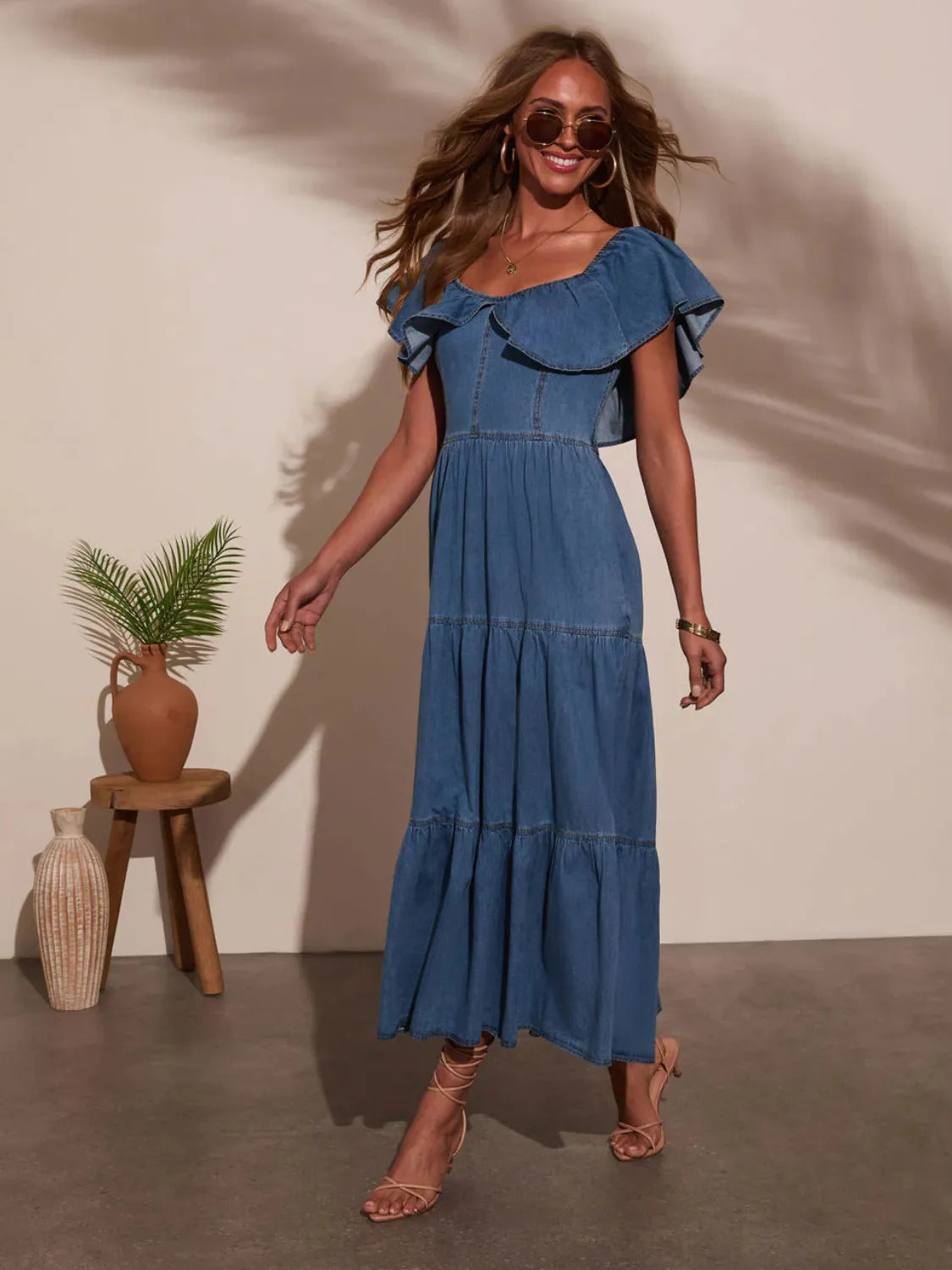 Off Shoulder Ruffle Tiered Denim Dress 
