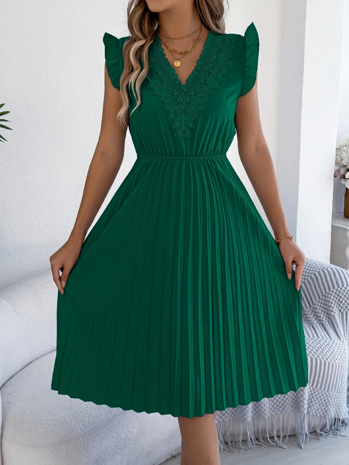 Lace Detail Ruffled Cap Sleeve Pleated Dress 