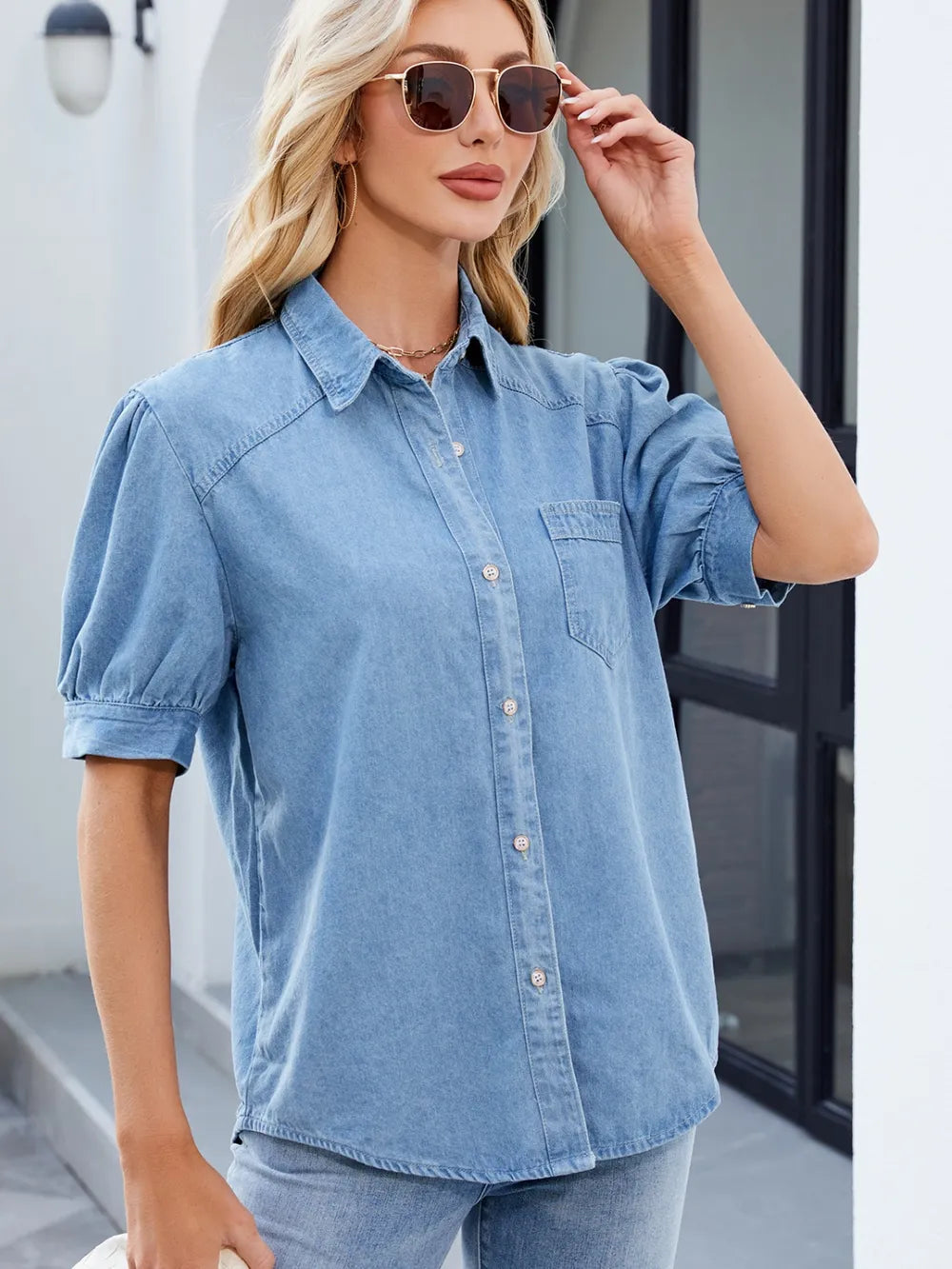 Collared Neck Button Up Denim Shirt 