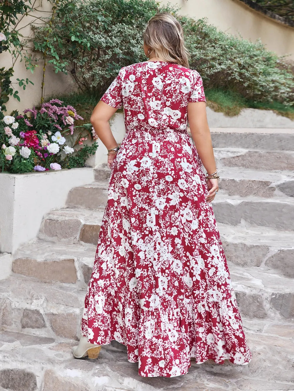 Plus Size Slit Printed V-Neck Maxi Dress 