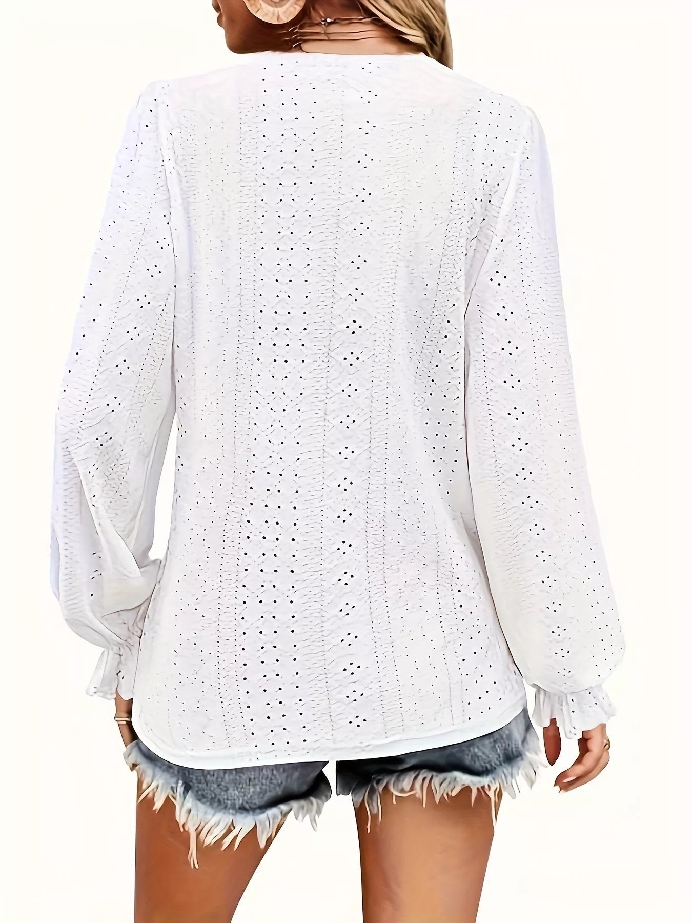 Plus Size Eyelet V-Neck Flounce Sleeve Blouse 