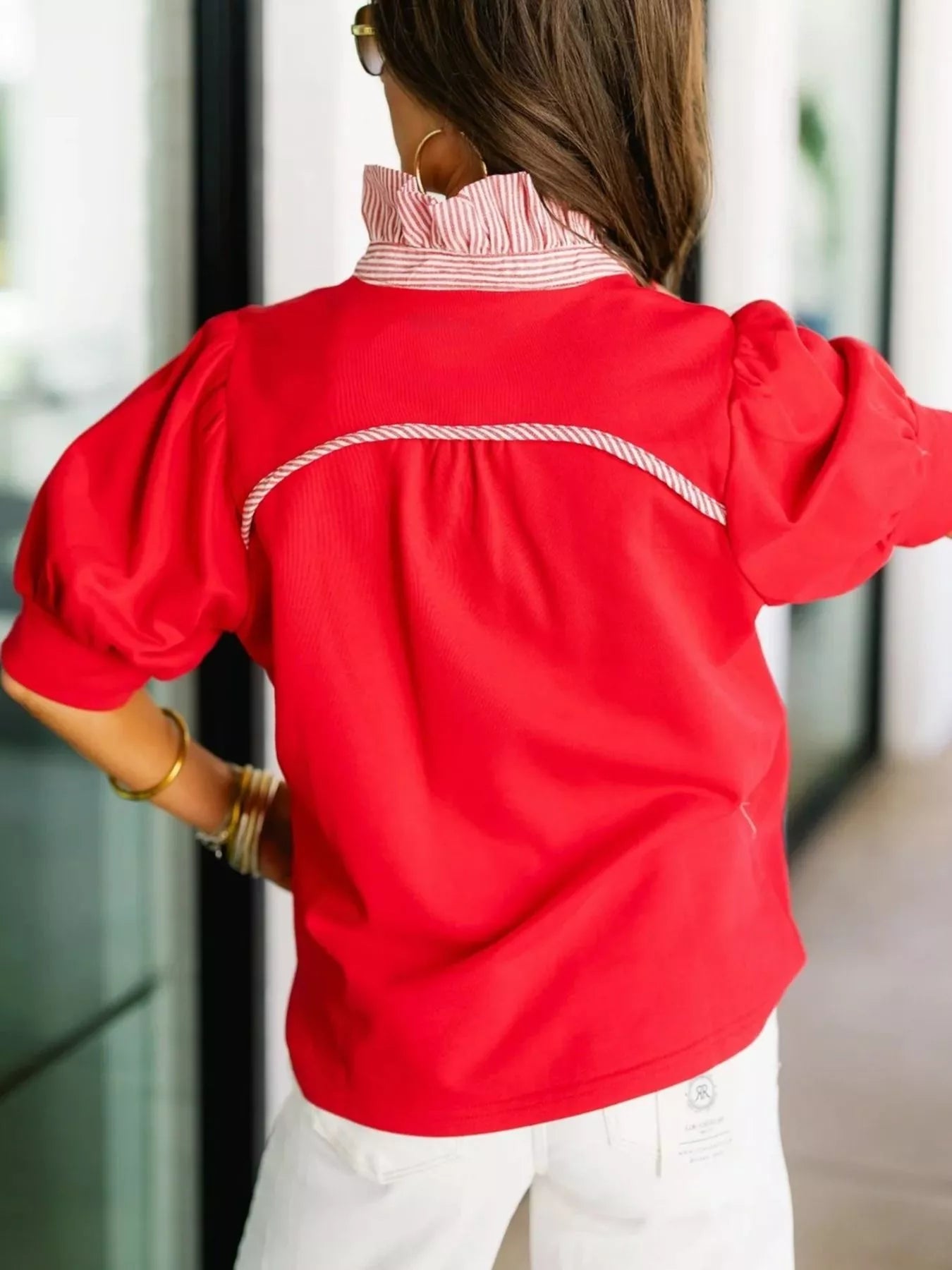 Notched Short Puff Sleeve Blouse 