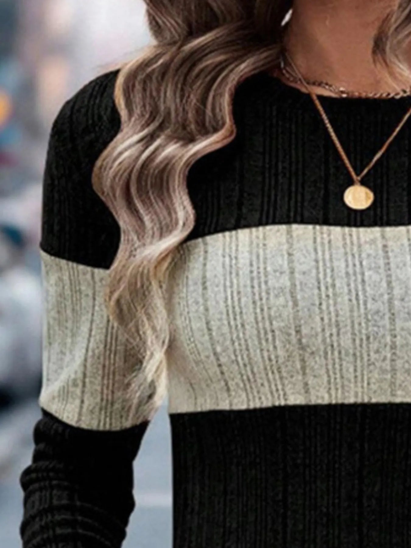 Color Block Round Neck Long Sleeve Sweater 