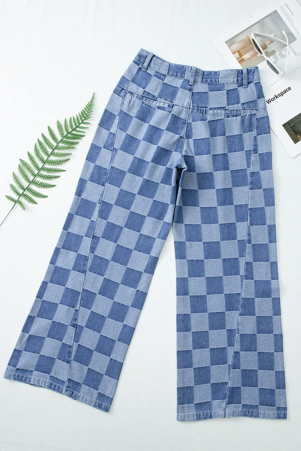 Checkered Wide Leg Jeans with Pockets 