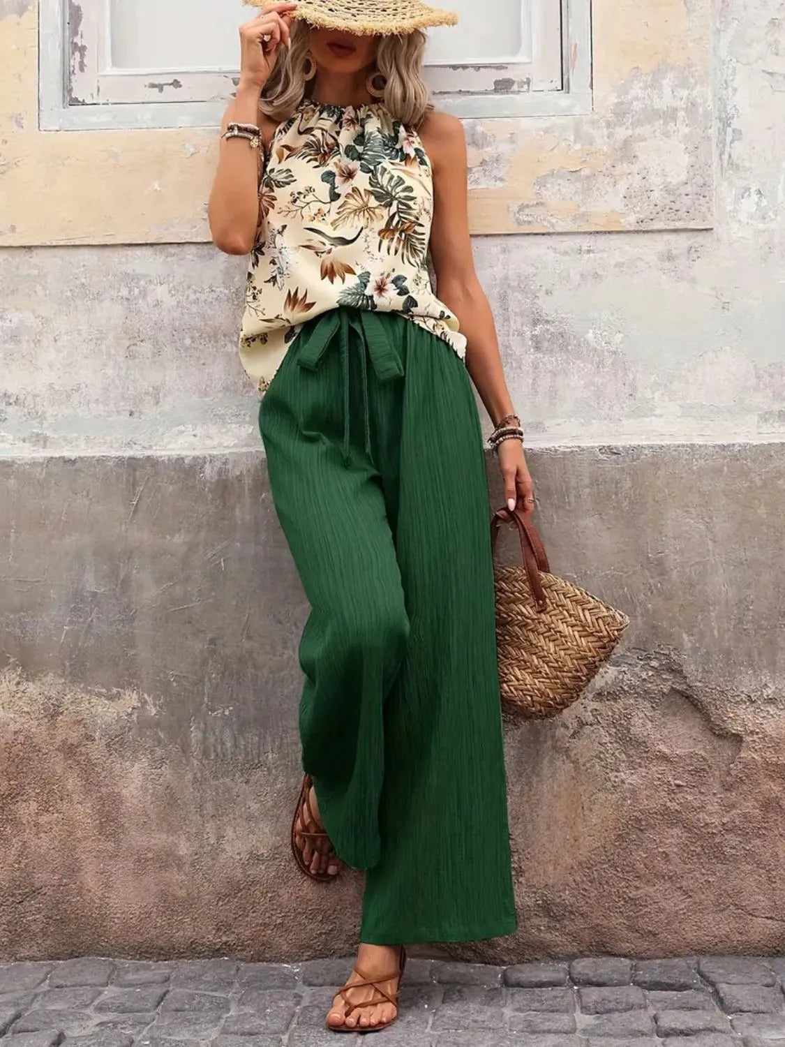 Printed Tank Top and Wide Leg Pants Set 