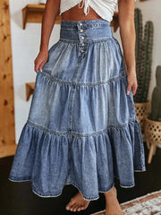 Tiered Button-Fly Denim Skirt 