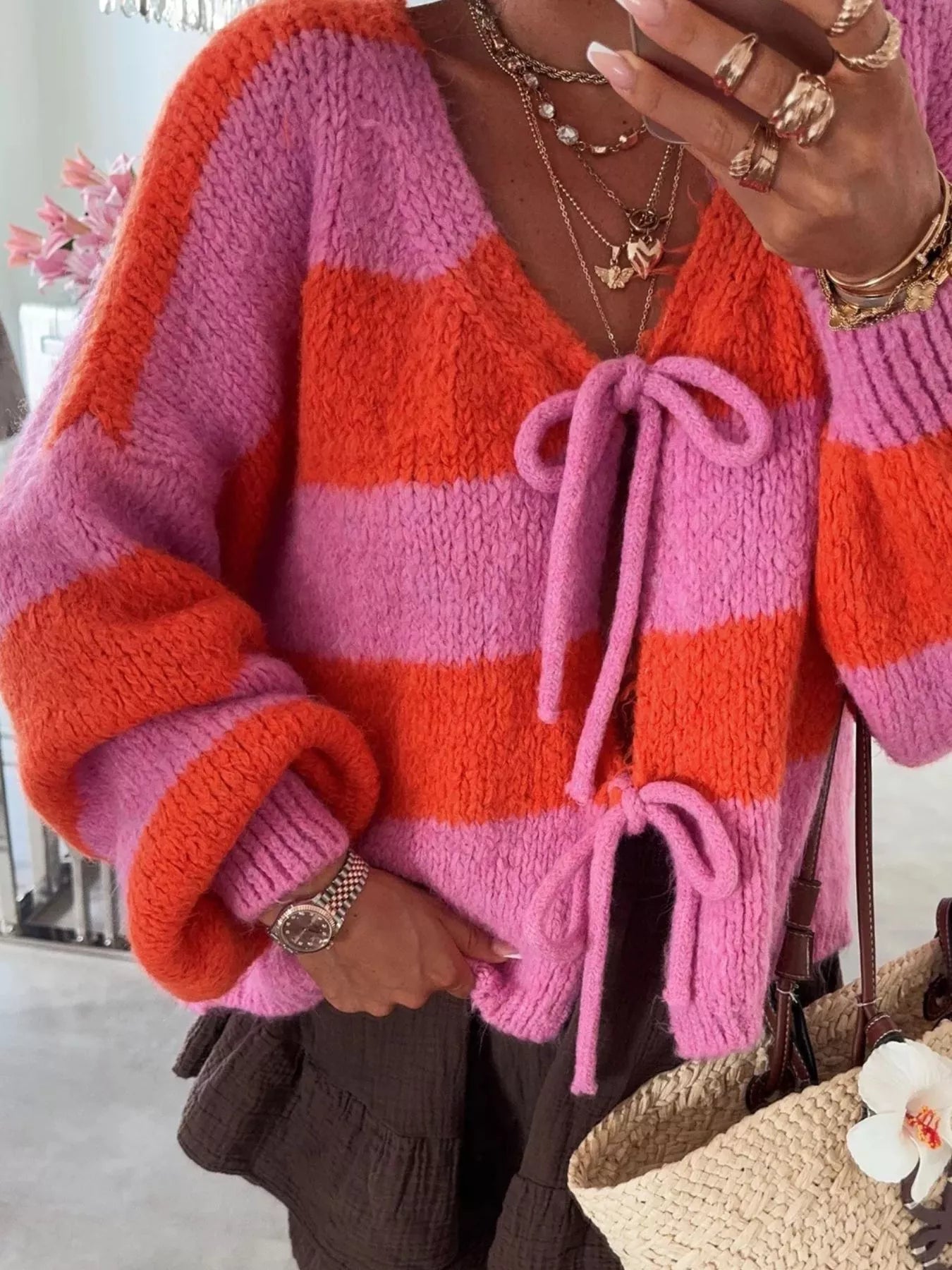 Striped Tie-Front Knit Cardigan 