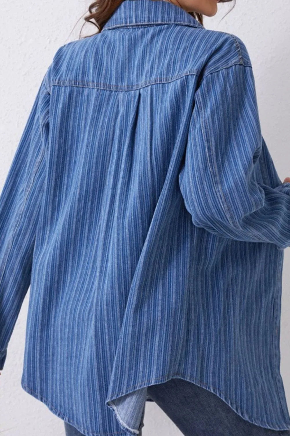 Striped Texture Collared Neck Denim Top 
