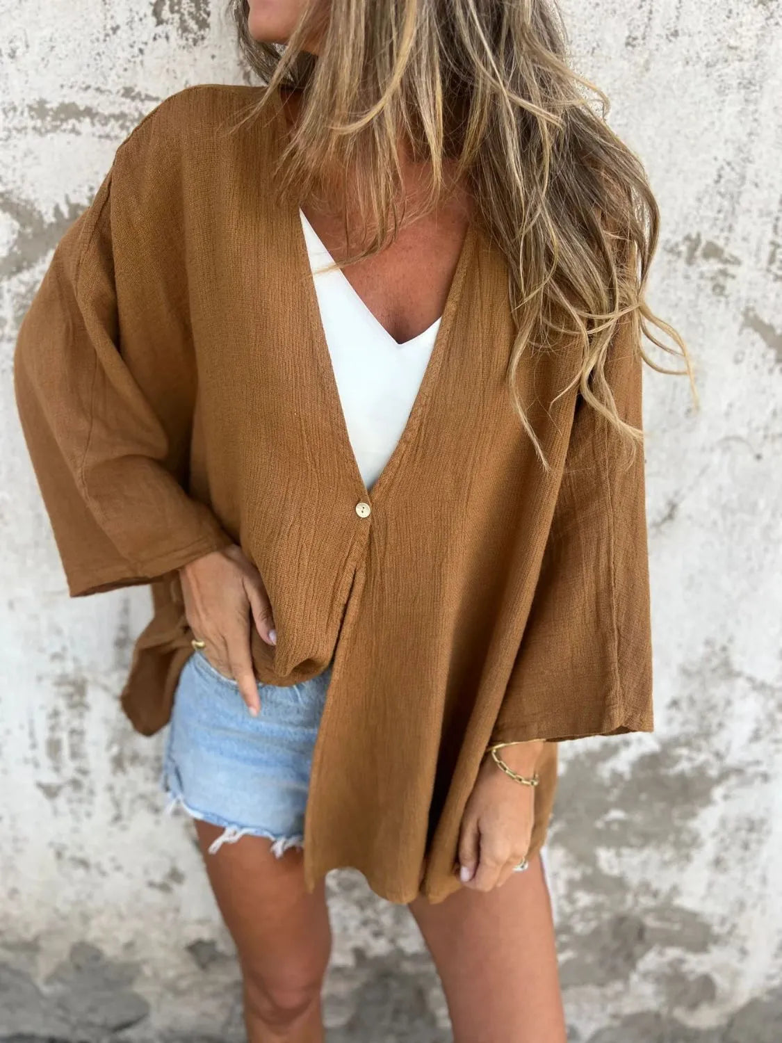 Full Size One Button Long Sleeve Shirt Plus Size 