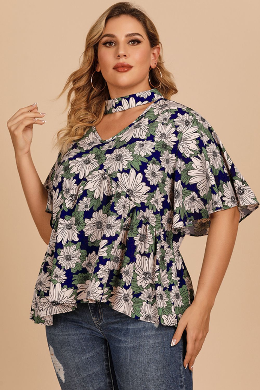 Plus Size Floral Flutter Sleeve Cutout Blouse 