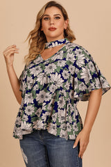 Plus Size Floral Flutter Sleeve Cutout Blouse 
