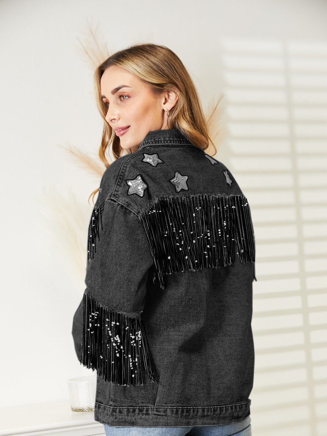 Fringe Detail Long Sleeve Denim Jacket 