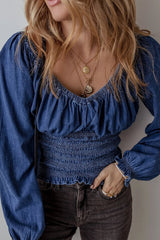 Smocked Long Sleeve Denim Top 