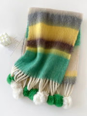 Rainbow Striped Fuzzy Scarf with Pom-Poms 