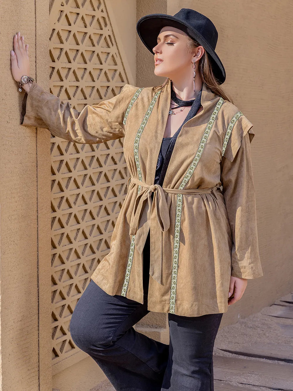 Plus Size Long Sleeve Tie Waist Cardigan 