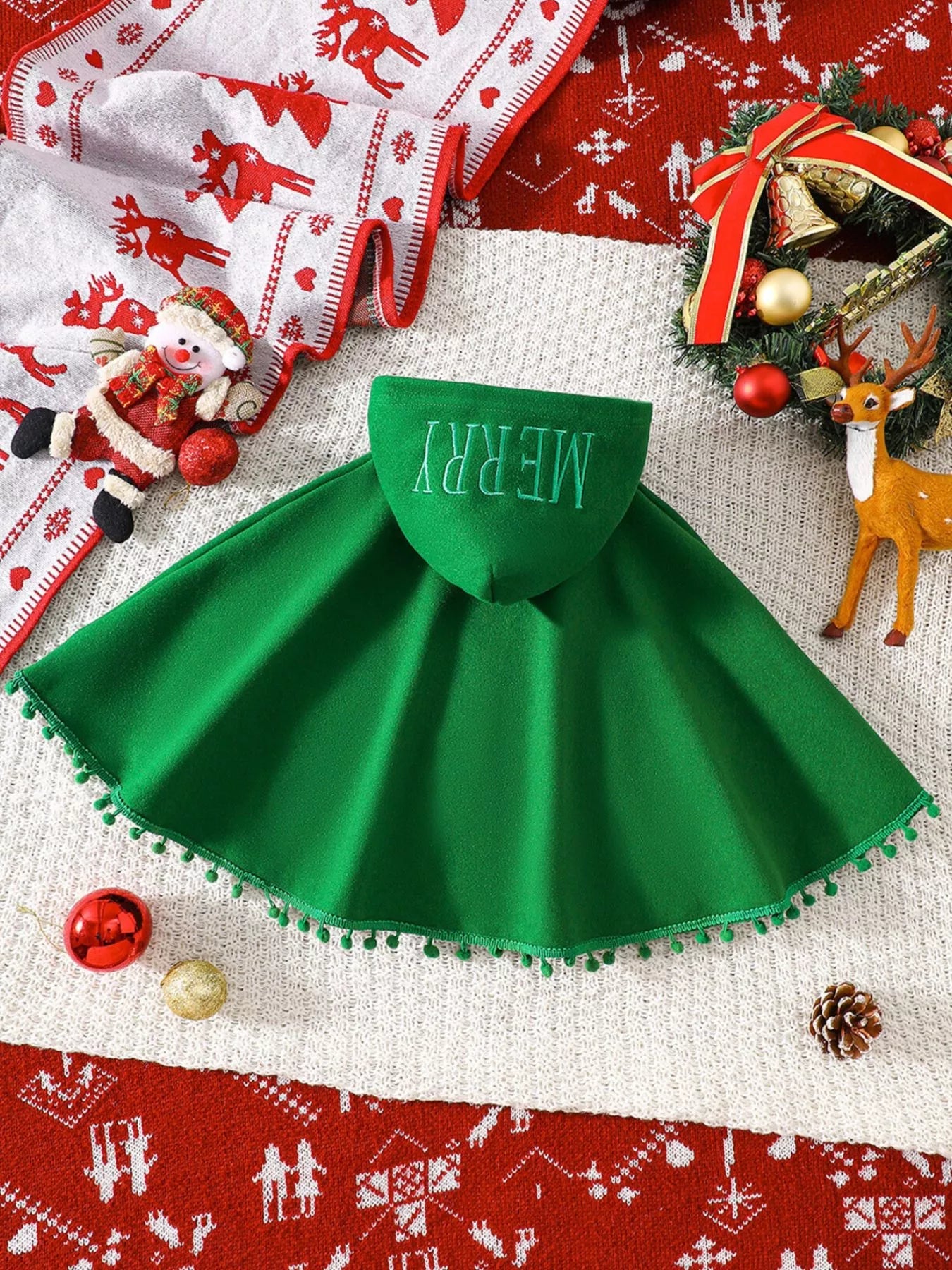 Children's Reindeer Embroidered Christmas Cape Outerwear 