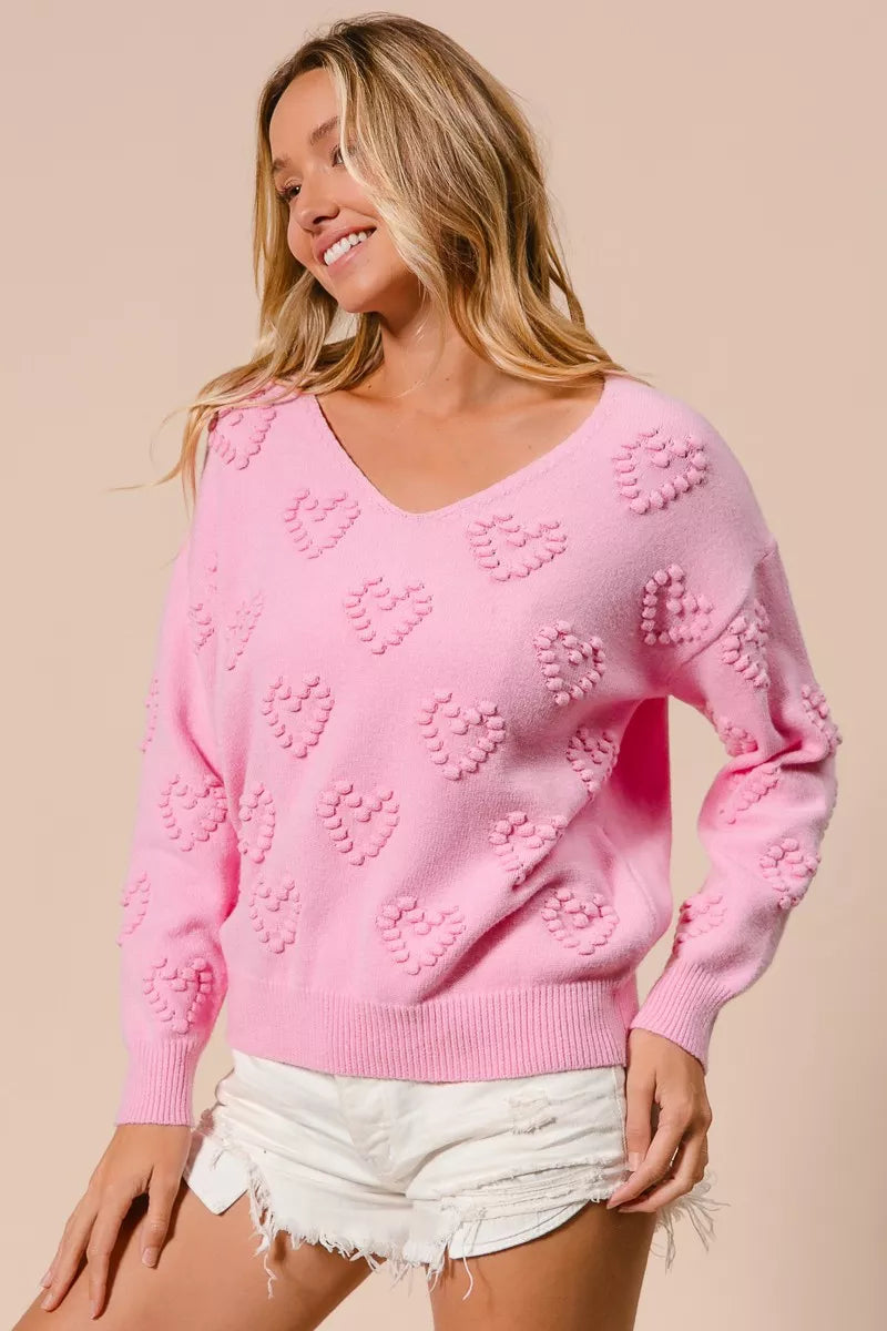 BiBi Valentines Heart Pompom V Neck Knit Top 