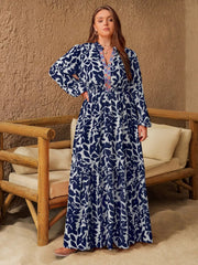 Plus Size Floral Print Notched Long Sleeve Maxi Dress 