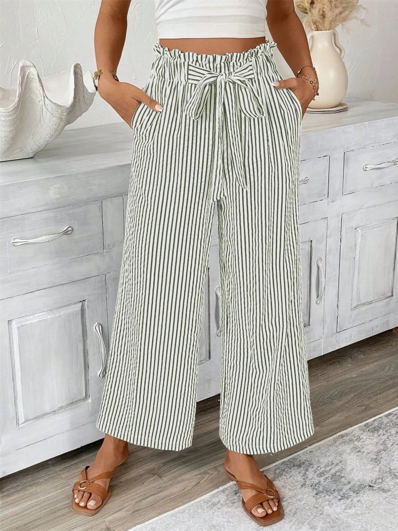 Full Size Striped Wide Leg Paper Bag Pants Plus Size 