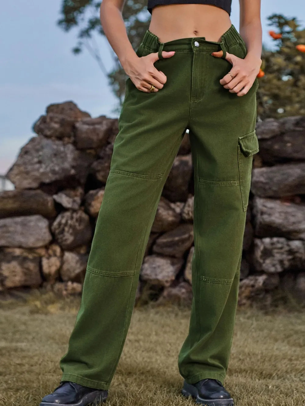 High Waist Cargo Straight Jeans 