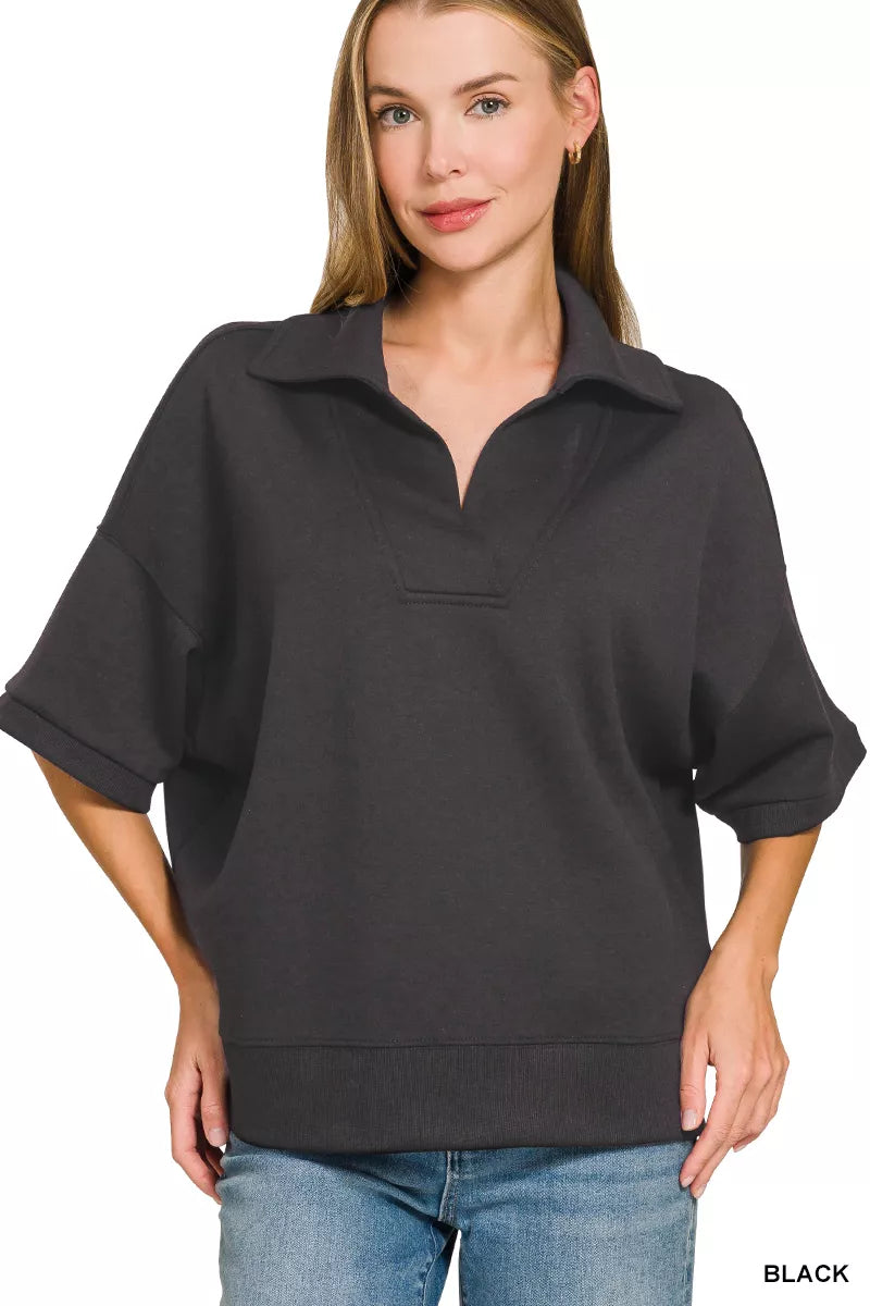 Zenana Scuba Collared Short Sleeve Pullover 