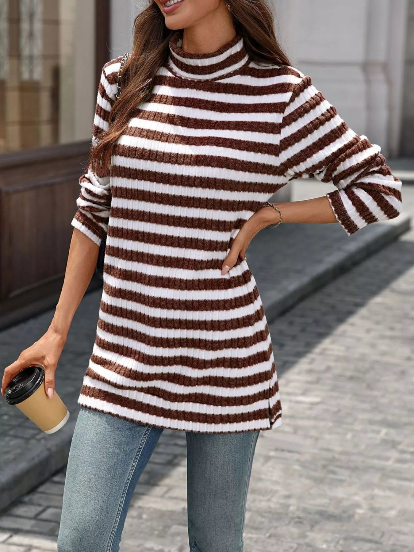 Striped Turtleneck Long Sleeve Knit Top 
