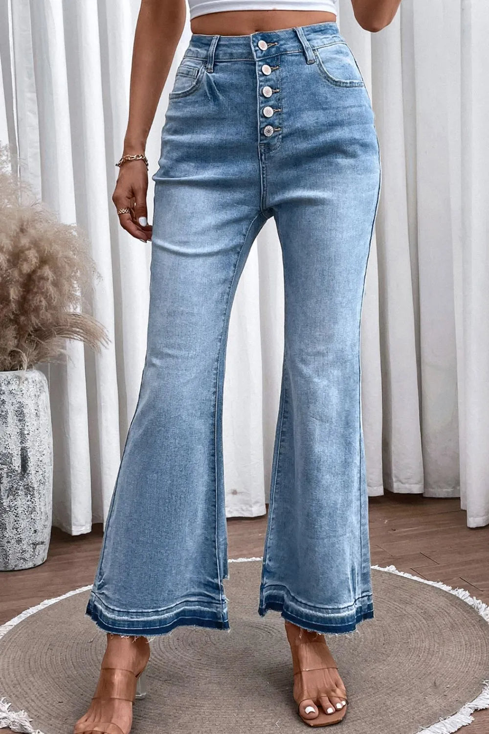 High Waist Button Fly Flared Jeans 
