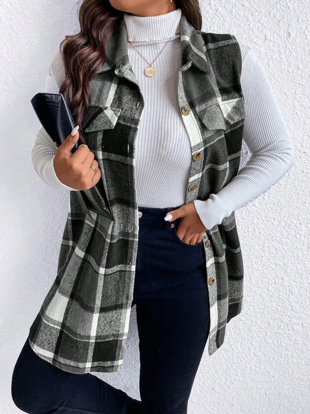 Honey Plus Size Pocketed Plaid Button Up Vest Coat 