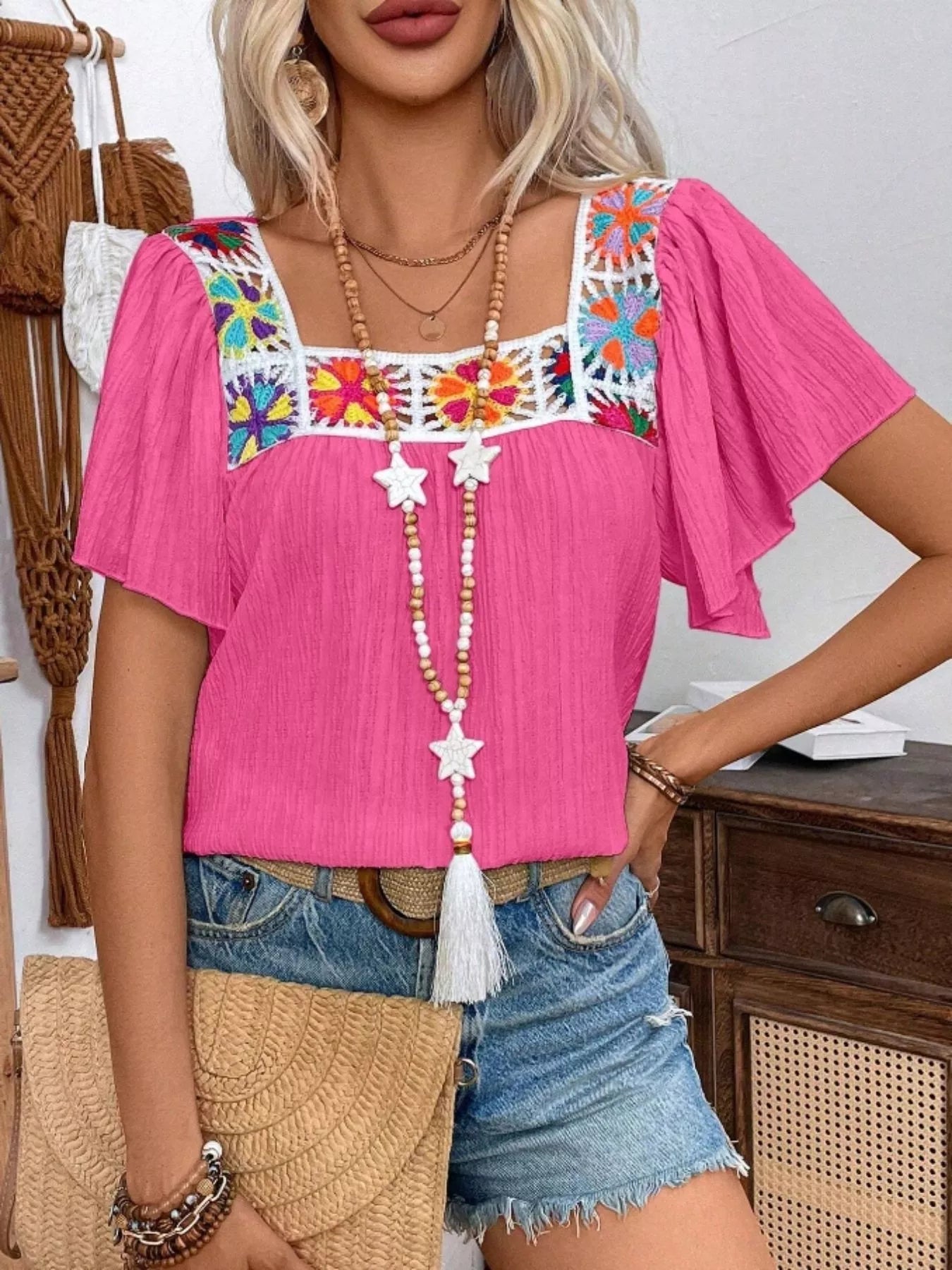 Embroidered Square Neck Flutter Sleeve Blouse 