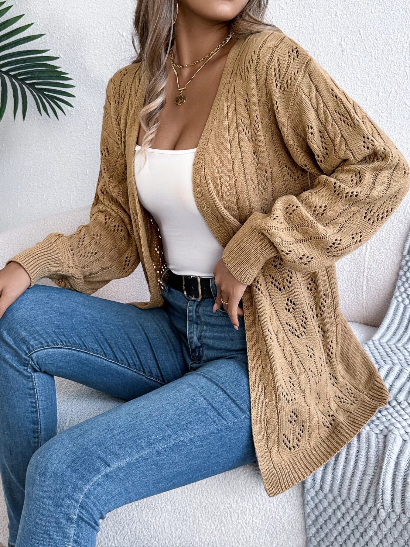 Openwork Open Front Long Sleeve Cardigan 