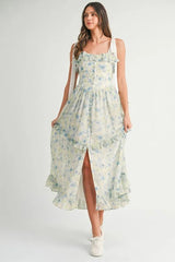 MABLE Floral Printed Shoulder Strap Midi Dress 