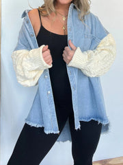 Full Size Raw Hem Button Up Patchwork Denim Jacket Plus Size 