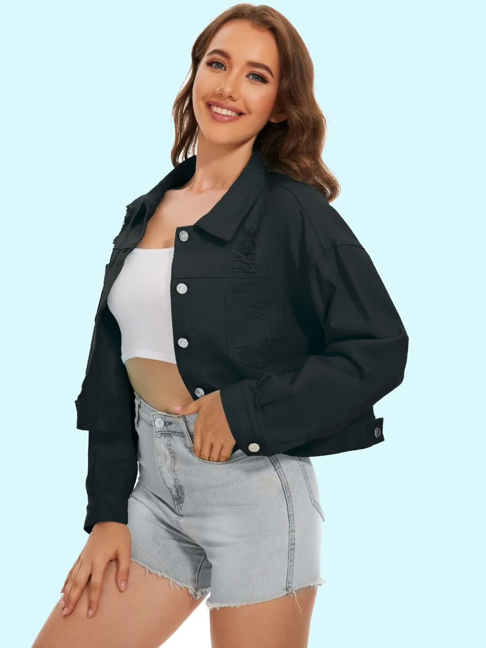 Distressed Distressed Button Up Denim Jacket 