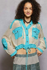 POL Texture Woven Button Down Hooded Shirt with Drawstring Hem 