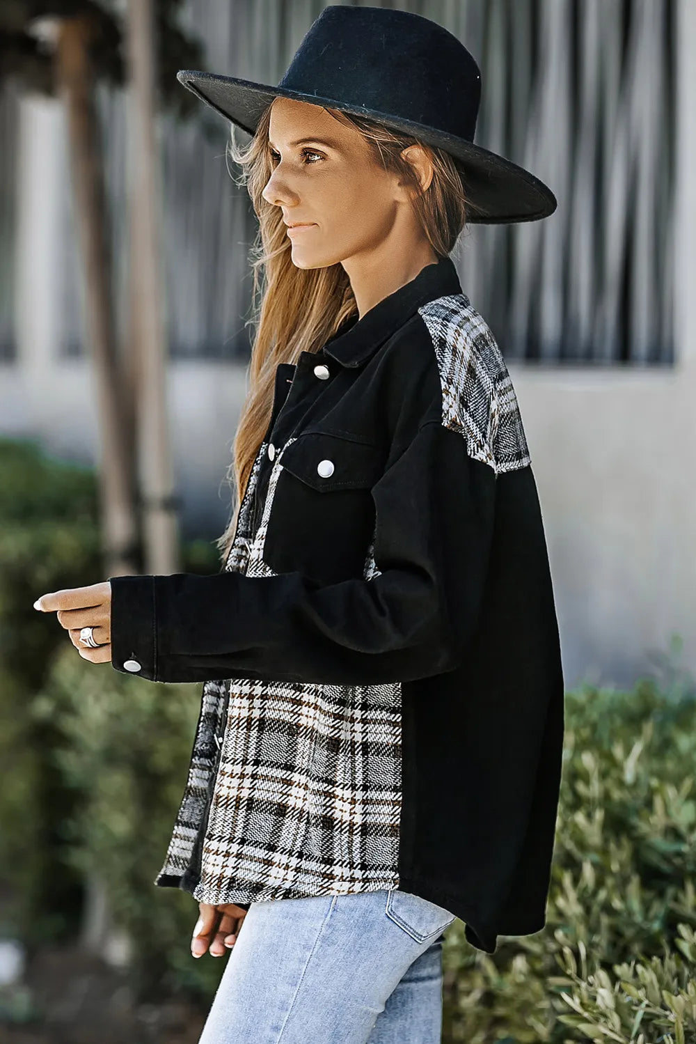 Plaid Pocketed Button Up Denim Jacket 