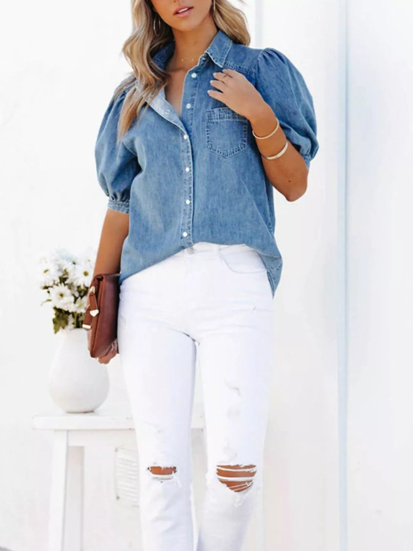 Puff Sleeve Button-Down Denim Top 