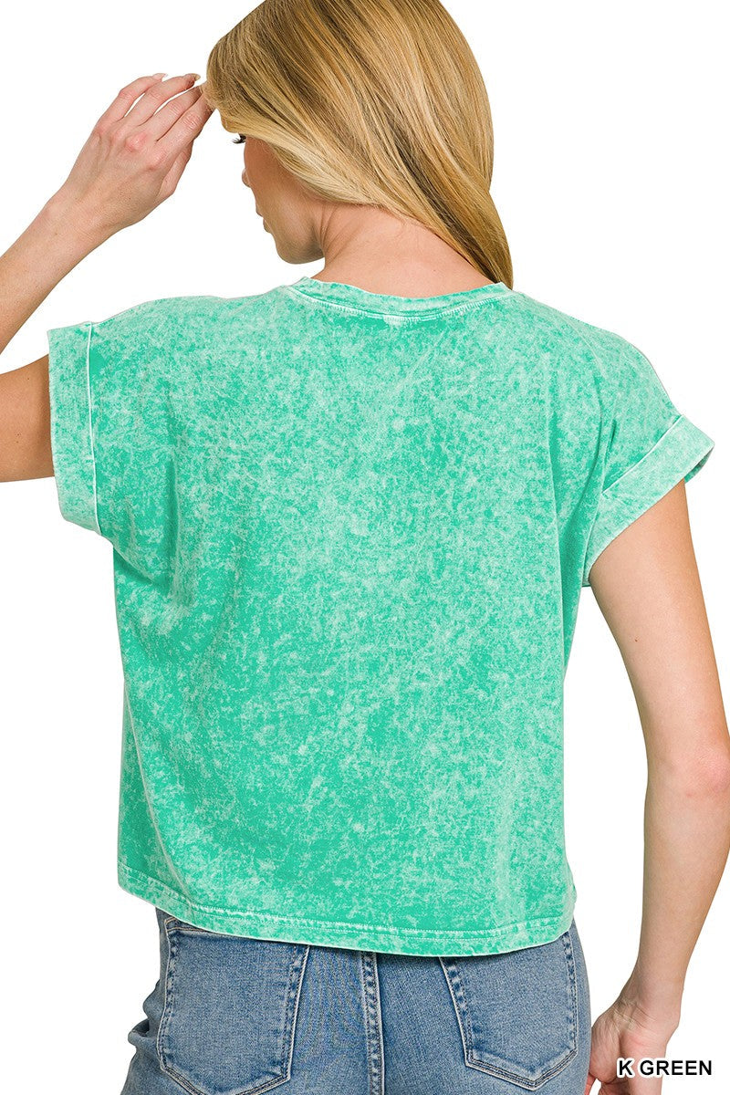 Zenana Halo Snow Washed Cotton Cuffed Short Sleeve Top 