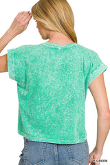 Zenana Halo Snow Washed Cotton Cuffed Short Sleeve Top 